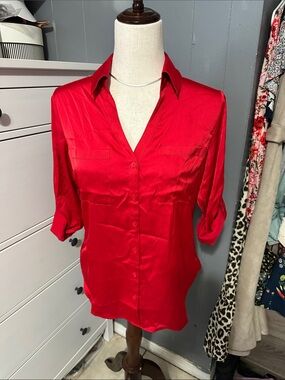 Express Red Satin Button-Down Shirt